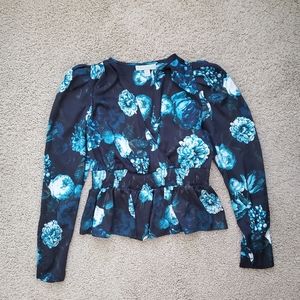 NWT Ryegrass Blue Floral Vneck Peplum Blouse